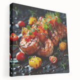 Large canvas print featuring an array of colorful food dishes, ideal for kitchen wall art.
