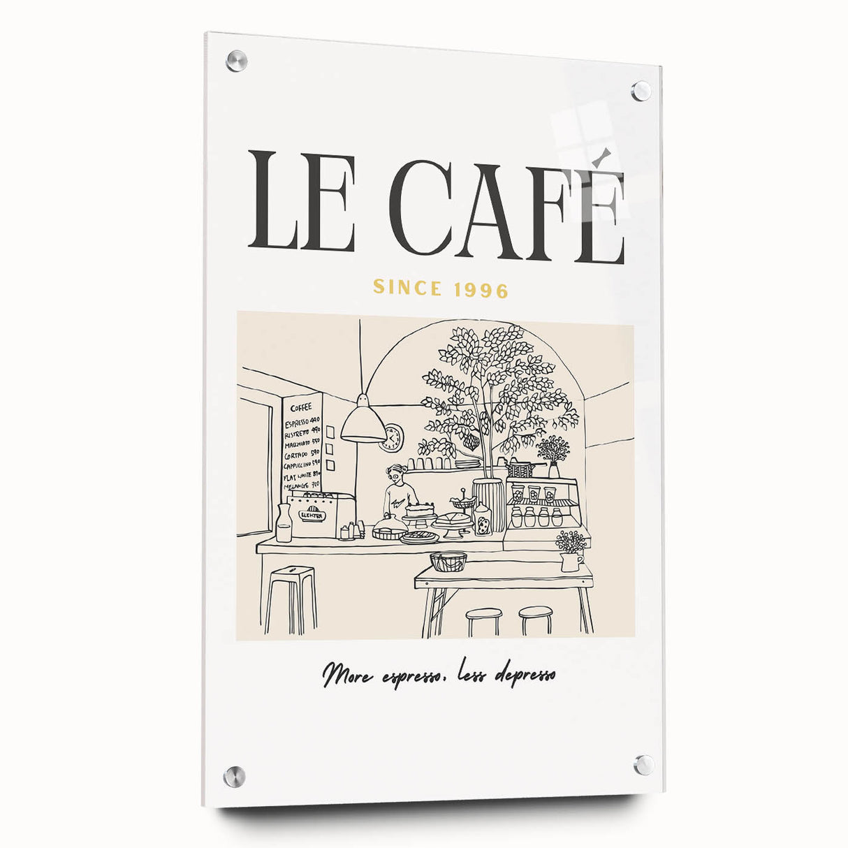 Large abstract wall art on acrylic glass depicting vibrant food and drink motifs, ideal for dining room decor.