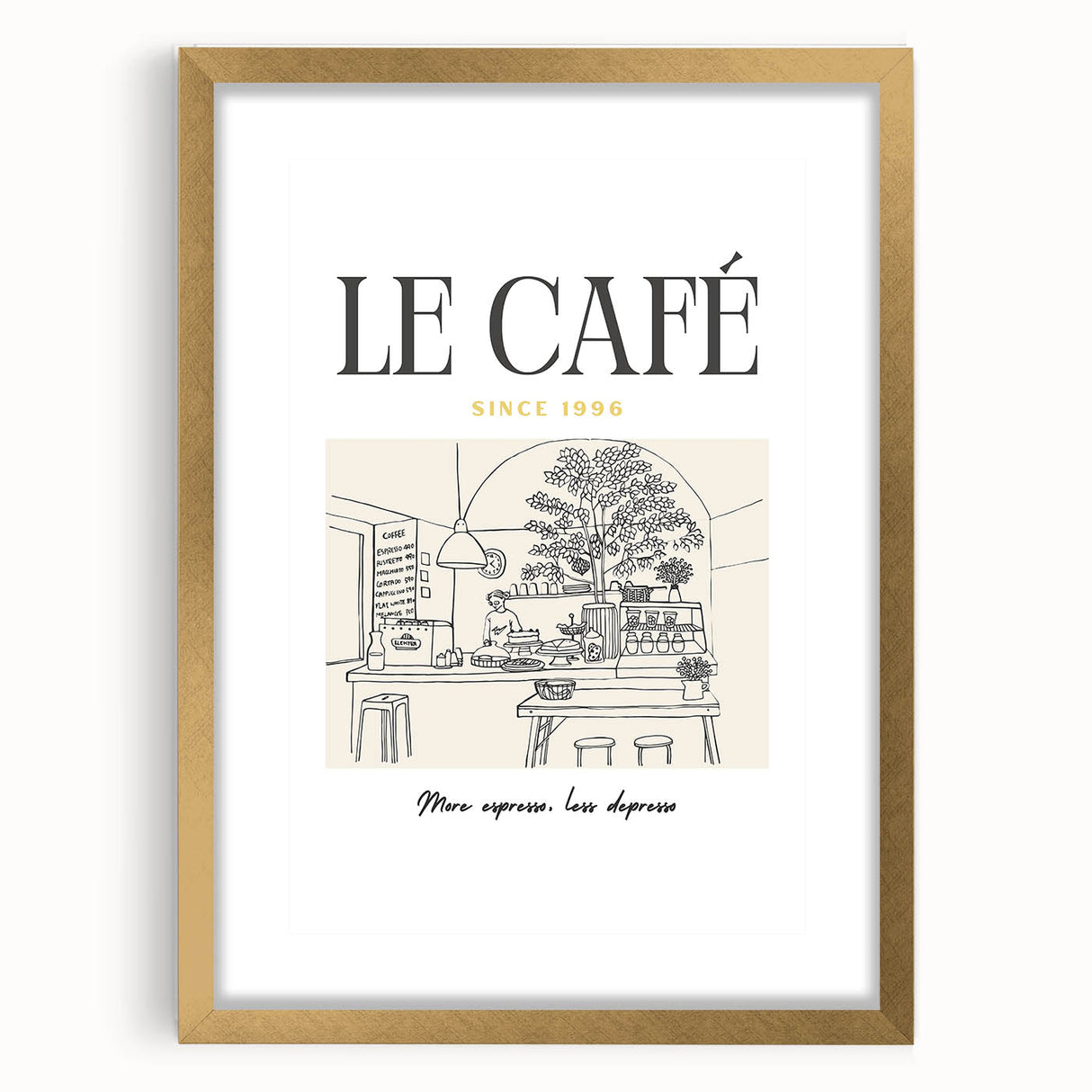 Abstract art print featuring swirling patterns in black and gold, framed in gold, suitable for dining room decor.