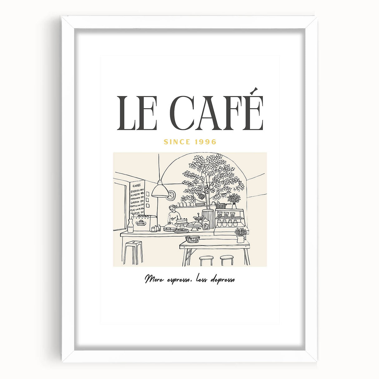 Textured abstract art print depicting various food and drinks in muted earth tones on a white framed canvas.