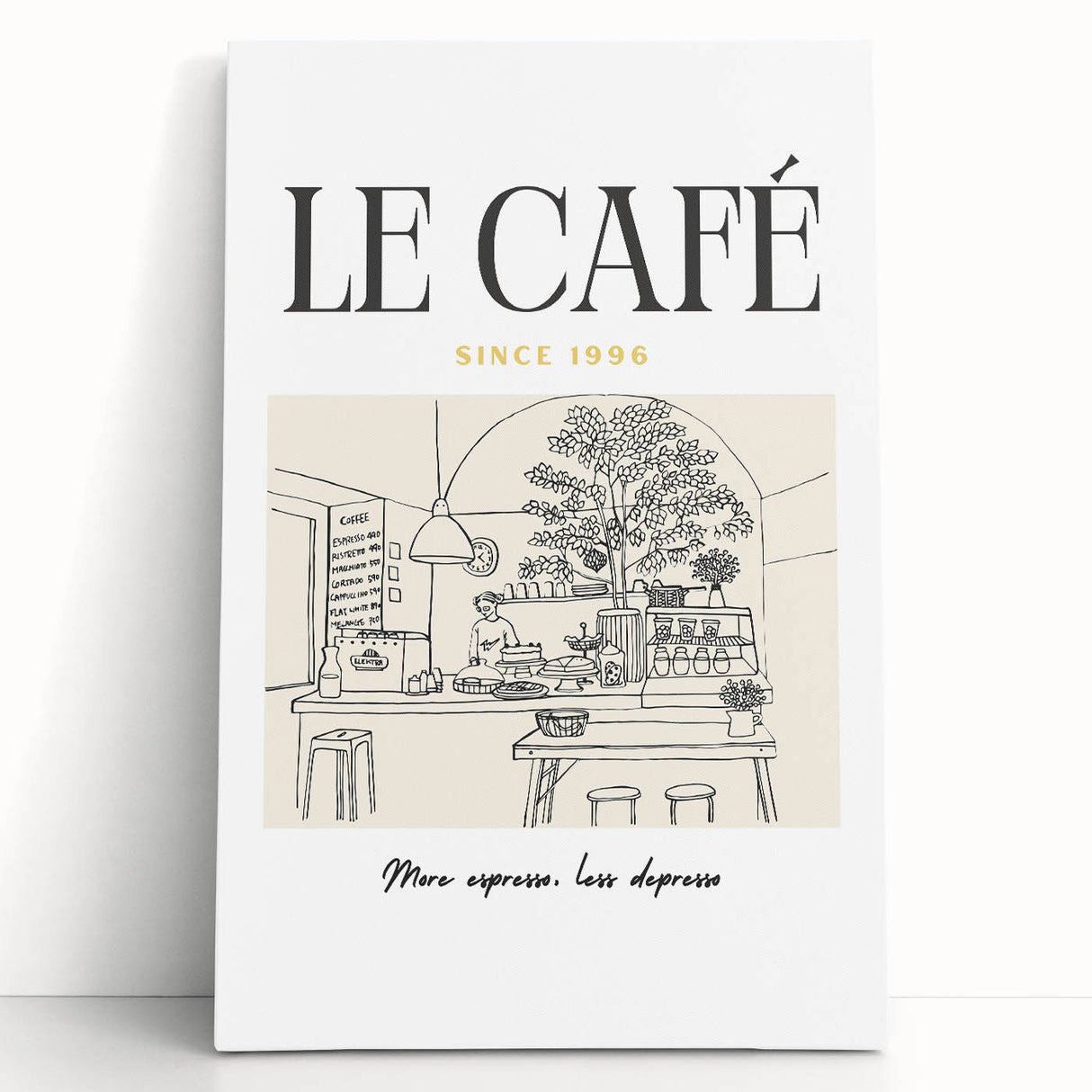 Large black and white stretched canvas featuring assorted kitchen utensils, ideal for kitchen wall art.
