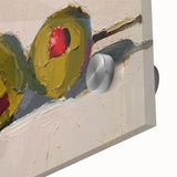 Large abstract wall art featuring assorted fruits in vibrant colors on acrylic glass, ideal for dining room art.