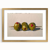 Extra large abstract art print of textured fruits in muted earth tones, framed in gold, ideal for living room decor.