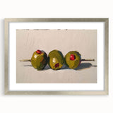 Textured art print of abstract fruits in muted earth tones, framed in silver, ideal for bedroom wall decor.