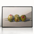 Large abstract wall art featuring assorted fruits in bold colors on a black acrylic framed print, suitable for kitchen decor.
