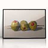 Large abstract wall art featuring assorted fruits in bold colors on a black acrylic framed print, suitable for kitchen decor.