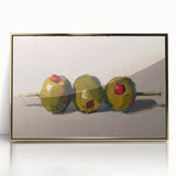 Mid-century modernist large art print of assorted fruits in vibrant colors on a framed acrylic.