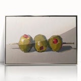 Mid-century modernist art depicting assorted fruits in vibrant colors on a silver-framed acrylic.