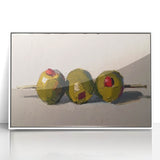 Acrylic print of colorful fruits in art deco style, framed in white, suitable for modern nursery wall decor.