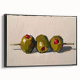 Black and white vintage poster art of fruits on framed canvas, suited for bedroom wall decor.