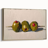 Framed canvas featuring a vintage poster art of various fruits in black, ideal for bedroom wall decor.