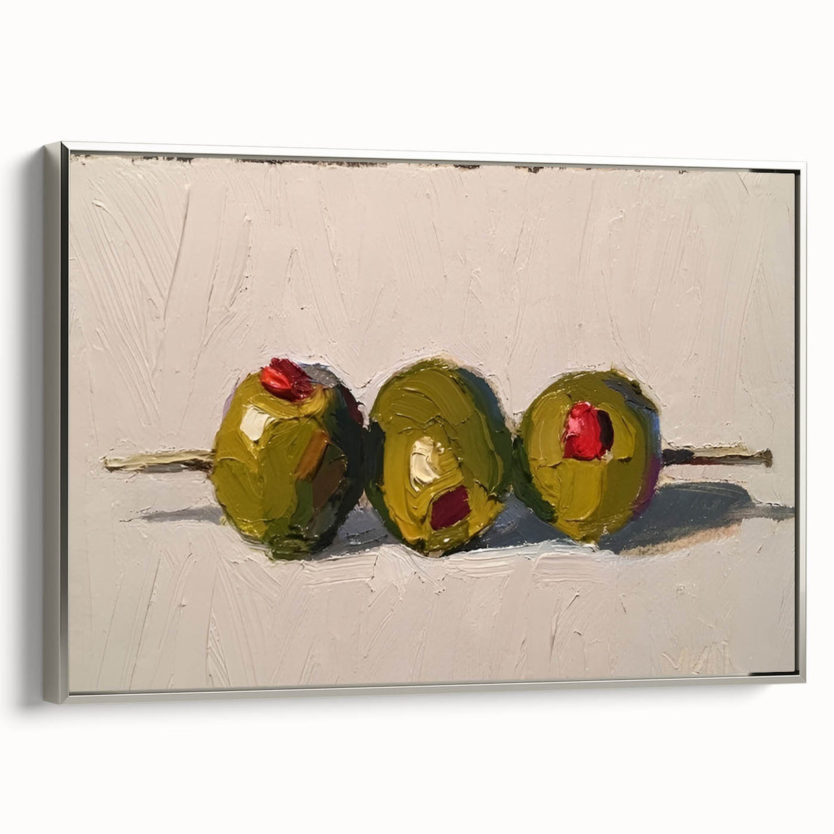 Landscape art painting of colorful fruits on black background, framed canvas, ideal for kitchen wall decor.