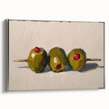 Landscape art painting of colorful fruits on black background, framed canvas, ideal for kitchen wall decor.