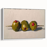 Vintage poster art of colorful fruits on a white framed canvas, ideal for living room decor.