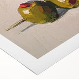 Art deco poster featuring assorted fruits in vibrant colors on rolled canvas, suitable for dining room decor.