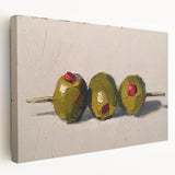Large wall art on stretched canvas depicting assorted fruits in vibrant colors, ideal for kitchen wall decor.