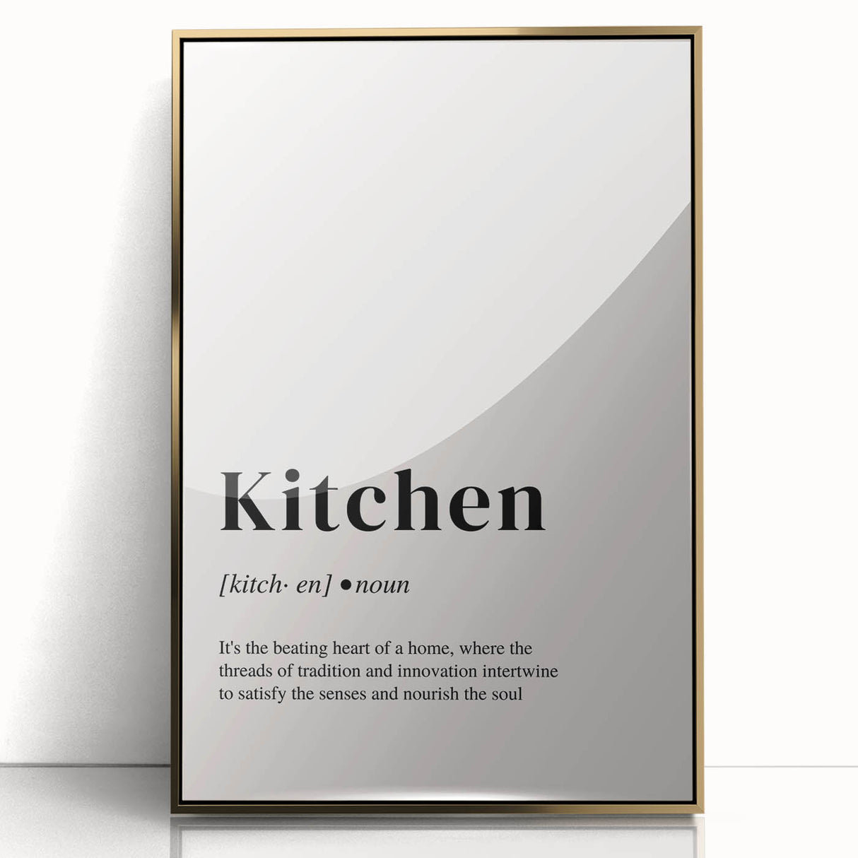 Large art print of a mid-century modernist food-inspired design in gold and white tones, framed in acrylic.