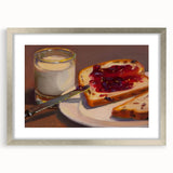 Textured abstract art print of assorted pastries in muted earth tones, framed in silver, ideal for kitchen wall decor.
