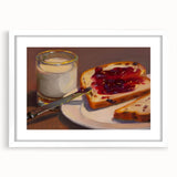 Abstract art print of assorted pastries in soft pastel tones on a framed white mat, suitable for dining room decor.