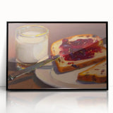 Large abstract wall art featuring assorted pastries in muted colors, framed in black acrylic, suitable for kitchen decor.