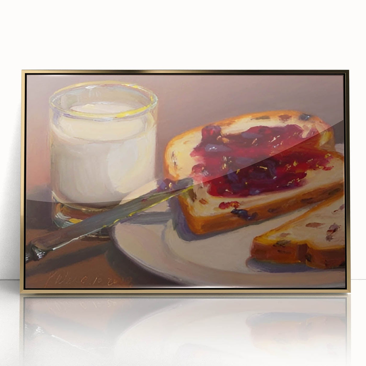 Large art print of assorted pastries in soft pastel shades, framed in gold acrylic, in a mid-century modernist style.
