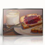 Mid-century modernist art featuring an array of pastries in soft pastel tones on a silver framed acrylic print.