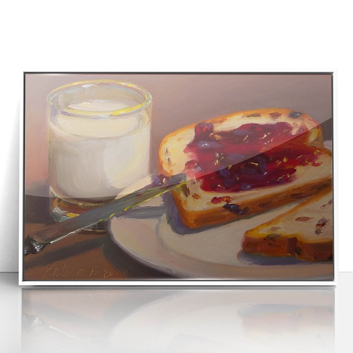 Art deco poster featuring an assortment of pastries in muted pastel colors, framed in white acrylic.