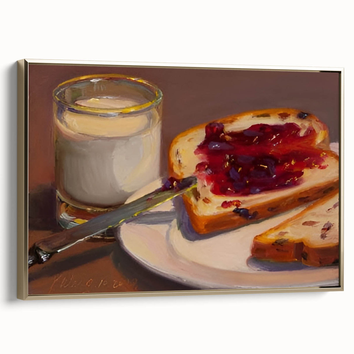 Framed canvas featuring a vintage poster of assorted pastries, with a gold frame, ideal for bedroom wall art.