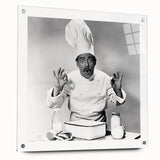 Large abstract wall art on acrylic glass depicting colorful food and people, ideal for dining room decor.