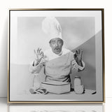 Large art print of a mid-century modernist style family meal scene in muted earth tones on framed acrylic.