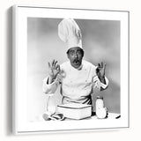 Vintage poster art of people dining, framed canvas with a white border, vibrant colors, ideal for living room decor.