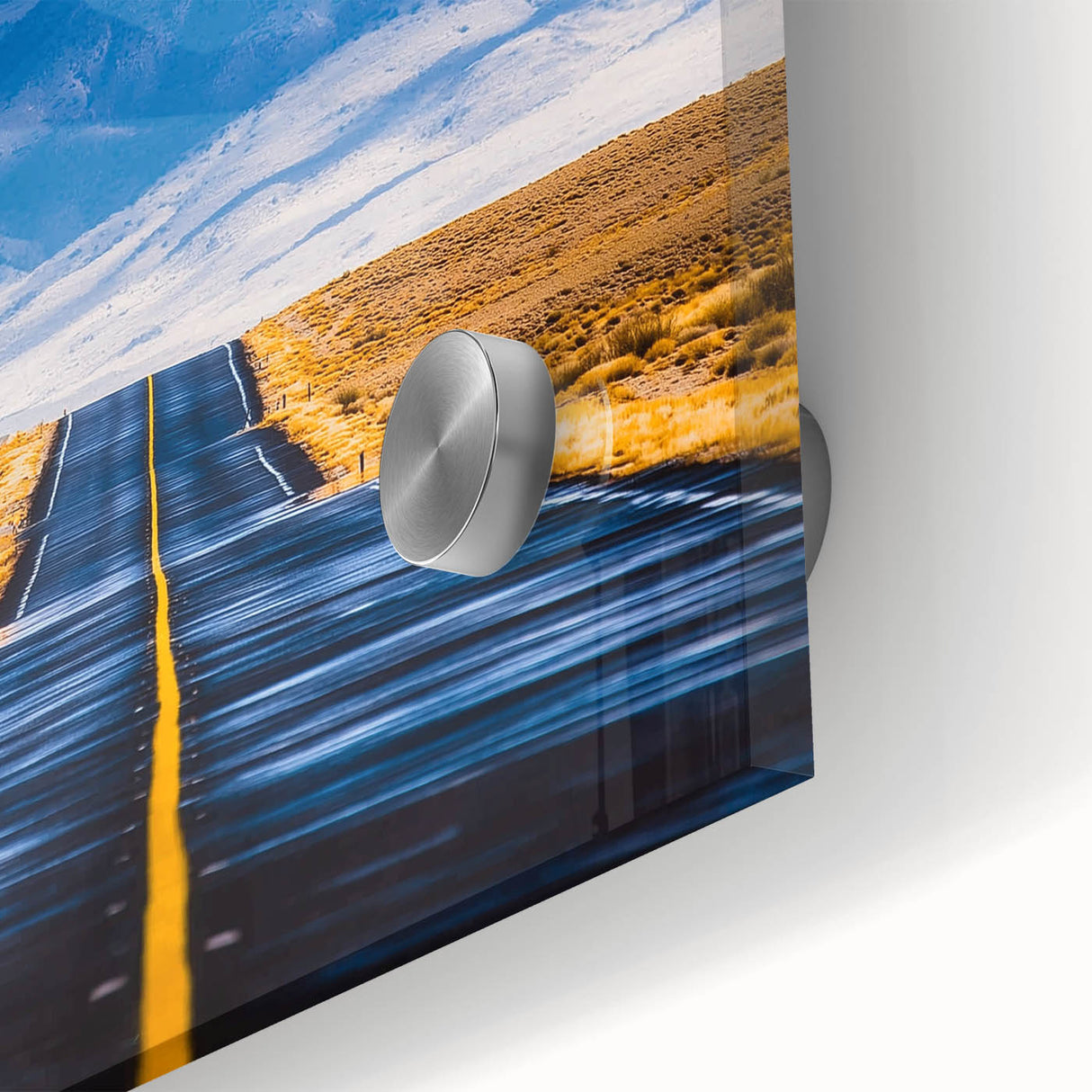 Close-up view of a vibrant landscape acrylic glass artwork showcasing intricate details and vivid colors, perfect for modern home decor or art enthusiasts.