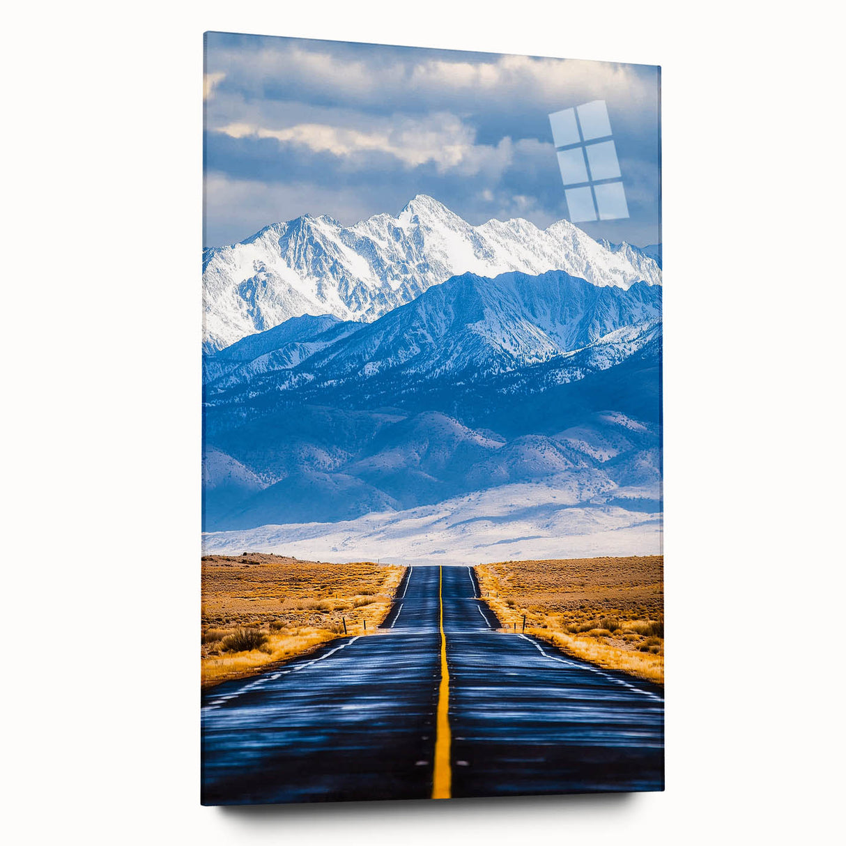 Acrylic landscape wall art featuring vibrant colors and intricate details, displayed from a side view, showcasing its sleek design without mounting pins, perfect for modern decor.