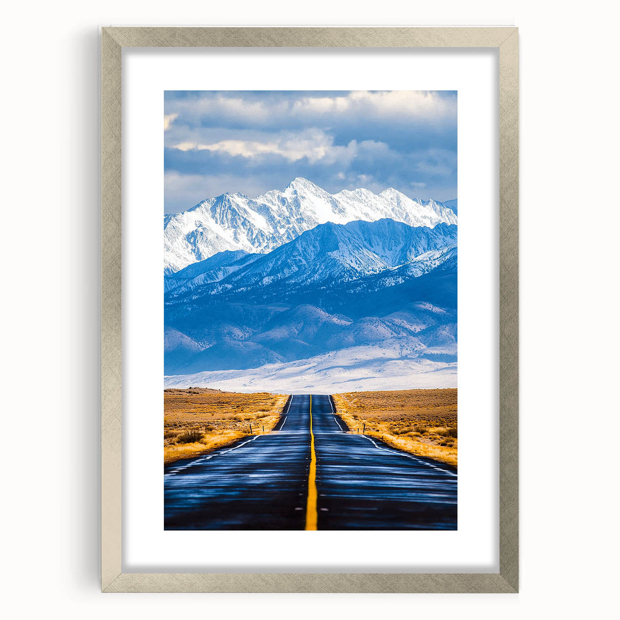 Elegant silver landscape frame with a white mat, showcasing a modern artwork. Ideal for enhancing home decor, this stylish frame adds a contemporary touch to any setting. Perfect for displaying cherished memories or artistic prints.