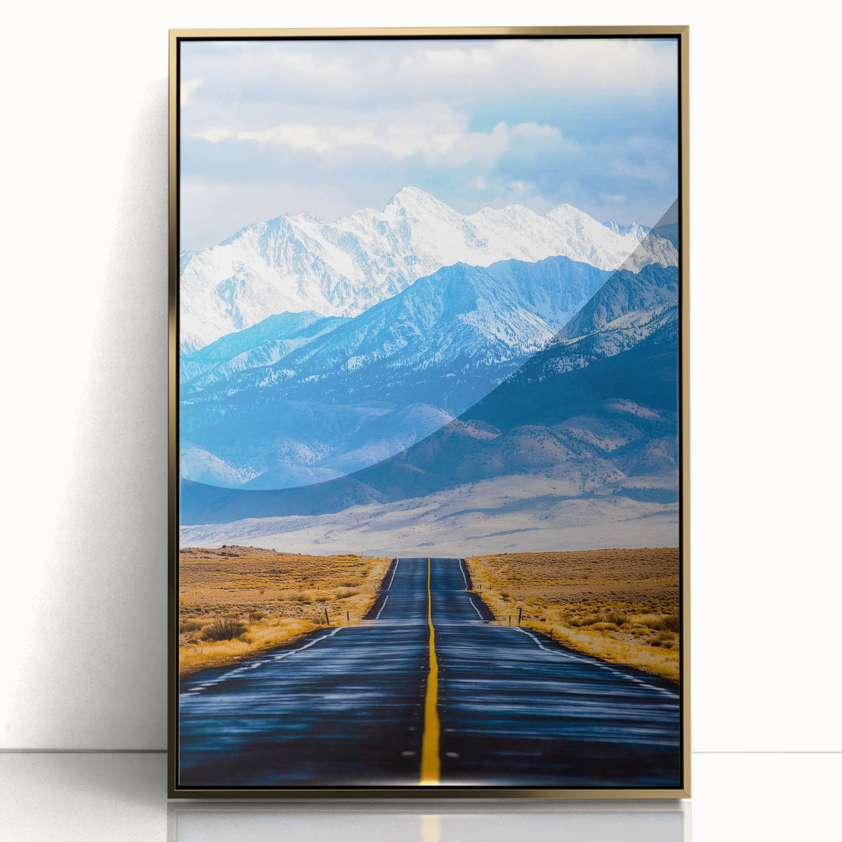 Framed acrylic wall art showcasing a gold landscape design, elegantly displayed from the front view, perfect for modern home decor. This piece adds sophistication and warmth to any room.