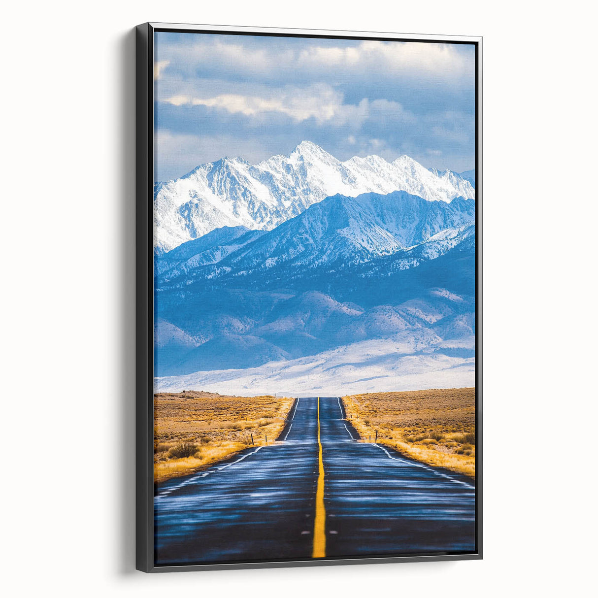 Framed landscape canvas art showcasing a serene black and white mountain scene, with a modern black frame, perfect for contemporary home decor. Ideal for adding a touch of elegance to living spaces.