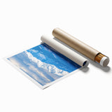 Rolled landscape canvas print showcasing vibrant abstract art with earthy tones, elegantly packaged in a protective cardboard tube for safe delivery.