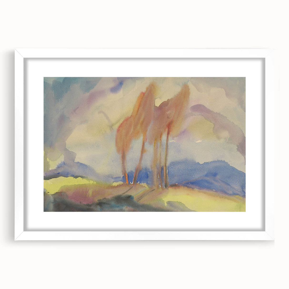 Soft Autumn Meadow - Tranquil Modern Art Print of Birch Trees in Pastels