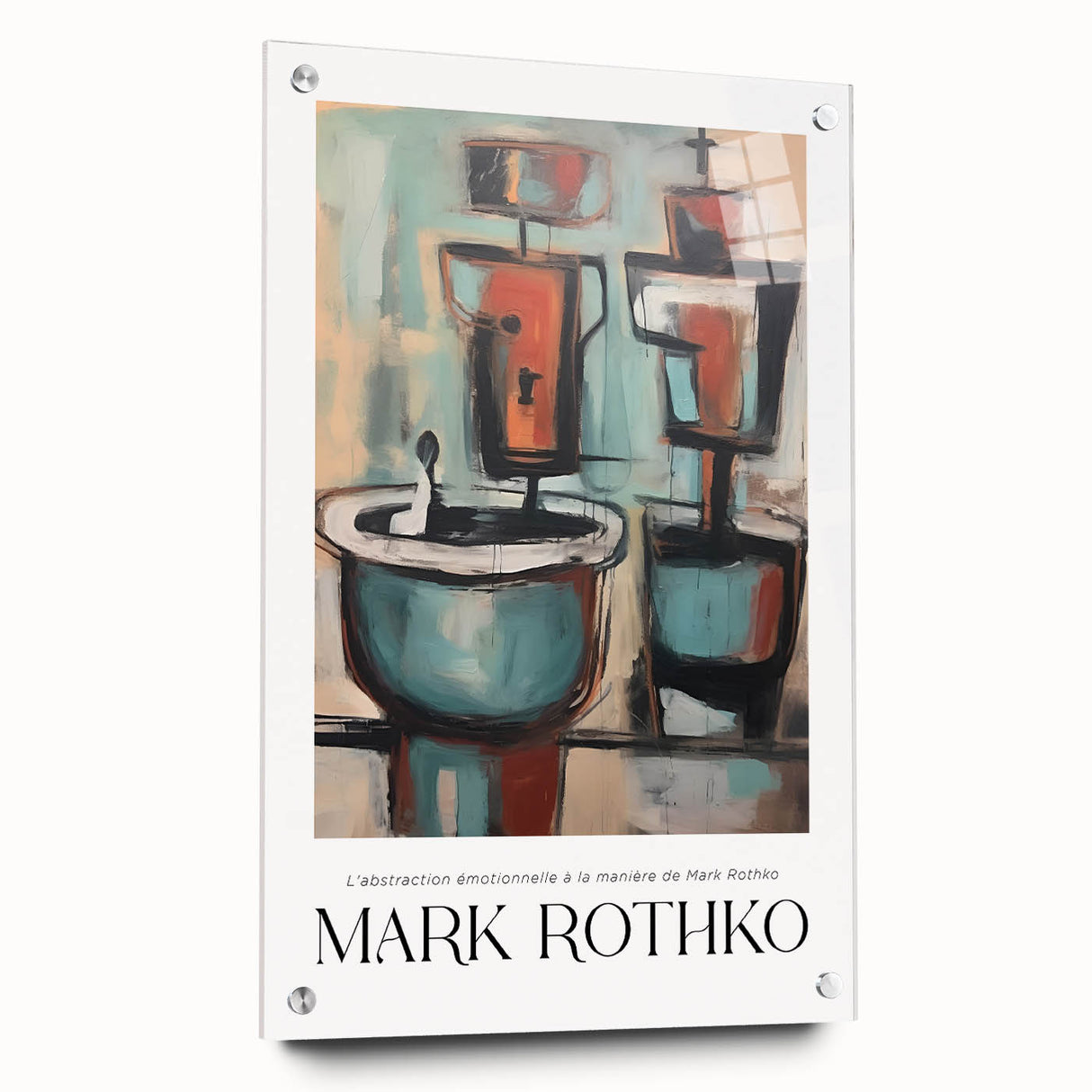 Large abstract wall art on acrylic glass depicting vibrant red and orange shades, ideal for dining room ambiance.