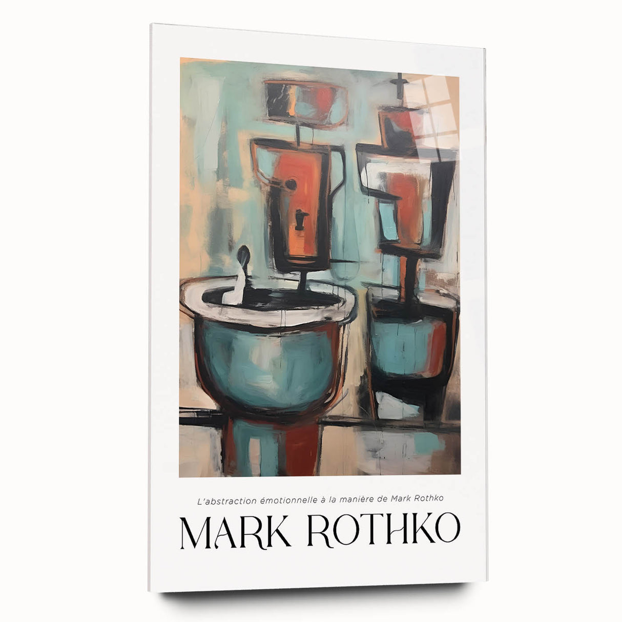 Large abstract wall art on acrylic glass, featuring Rothko-inspired blocks of deep red and blue.