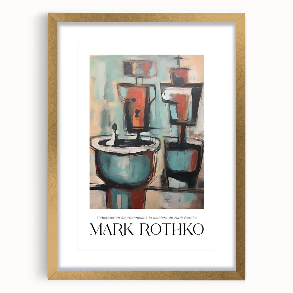 Extra large abstract art print in textured style with deep red and orange hues, framed in gold, ideal for living room decor.
