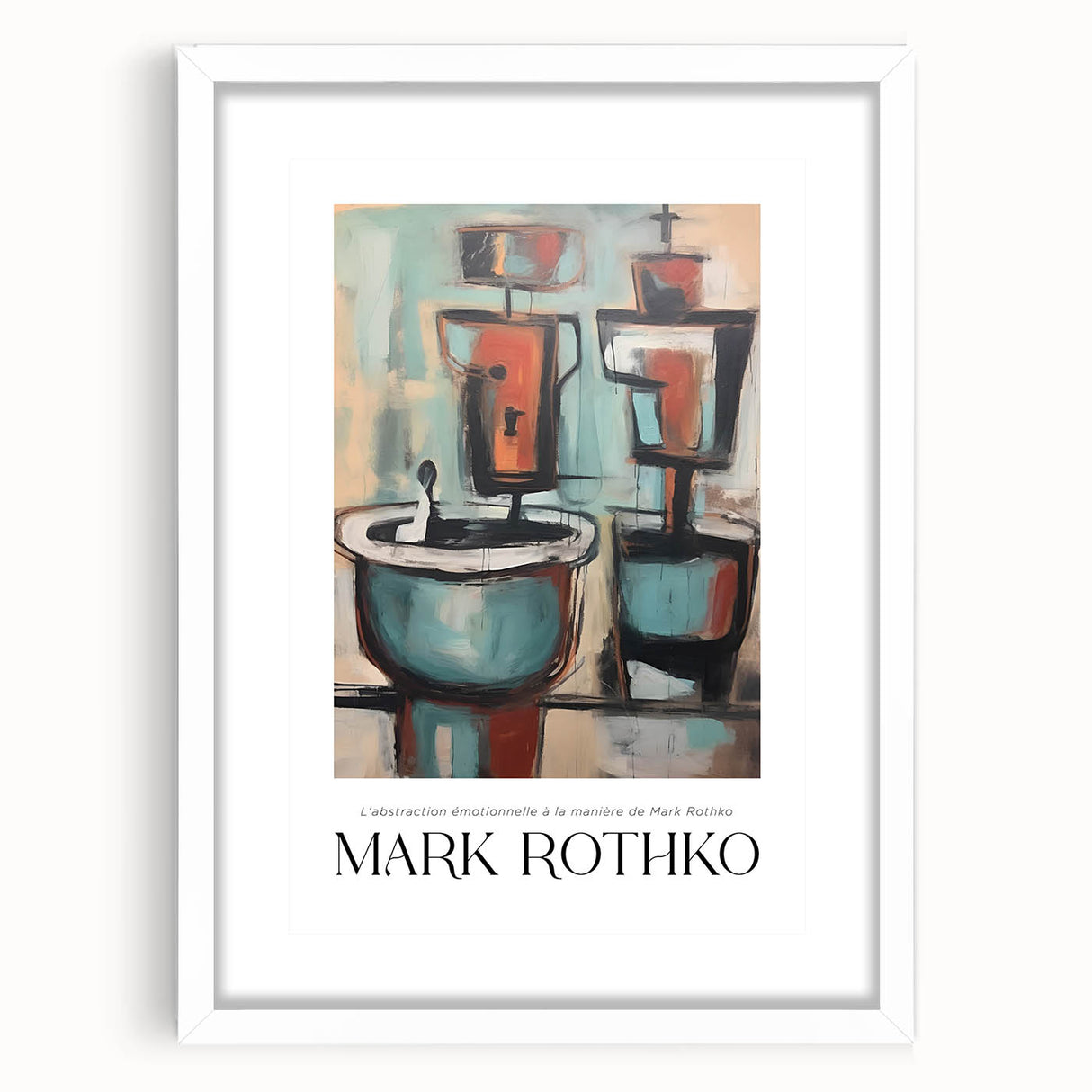 Abstract art print in deep red and black tones, framed in white, suitable for modern bedroom or dining room decor.