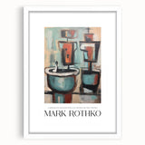 Abstract art print in deep red and black tones, framed in white, suitable for modern bedroom or dining room decor.