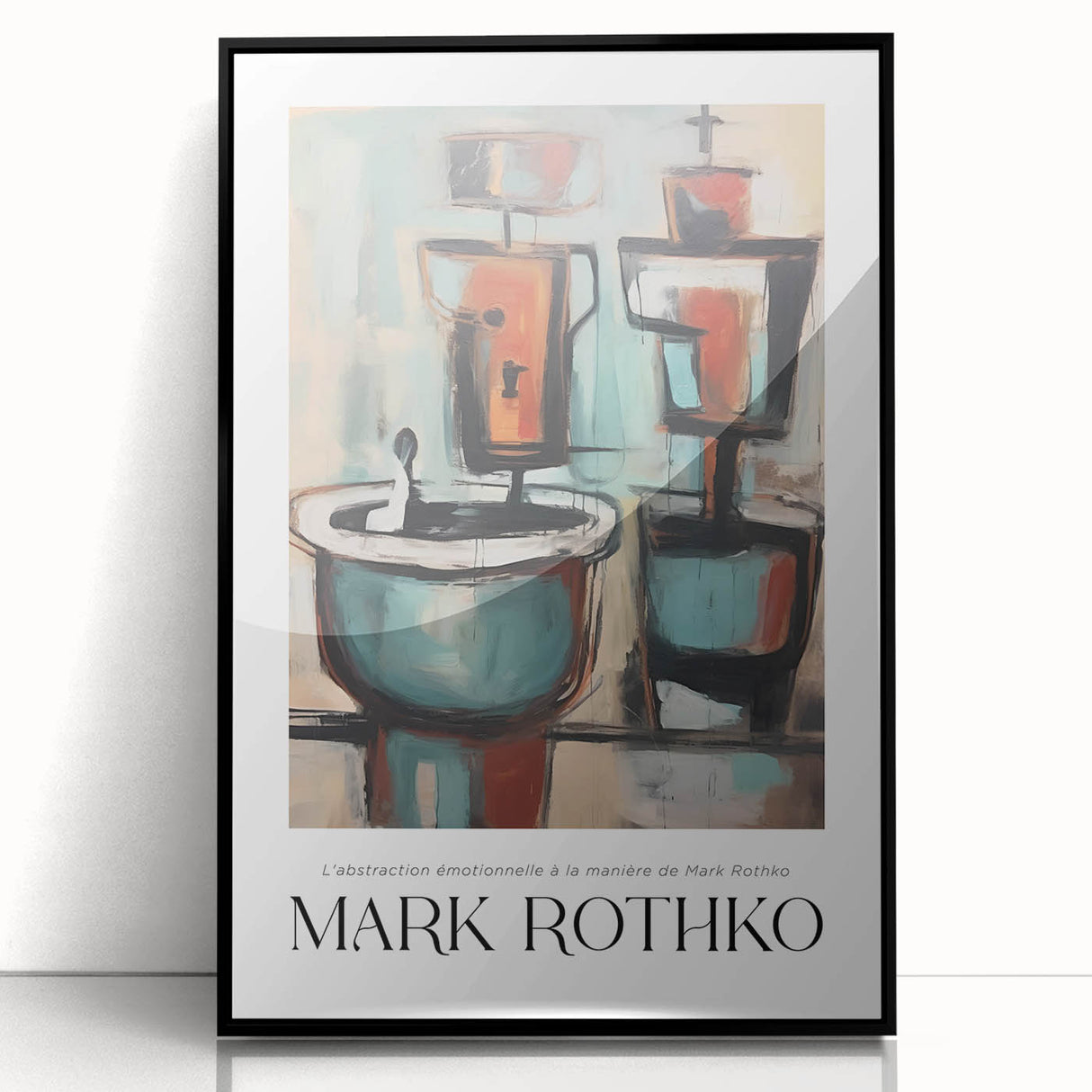 Large abstract wall art featuring bold red and black blocks, mid-century modernist style, framed in acrylic.