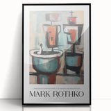 Large abstract wall art featuring bold red and black blocks, mid-century modernist style, framed in acrylic.