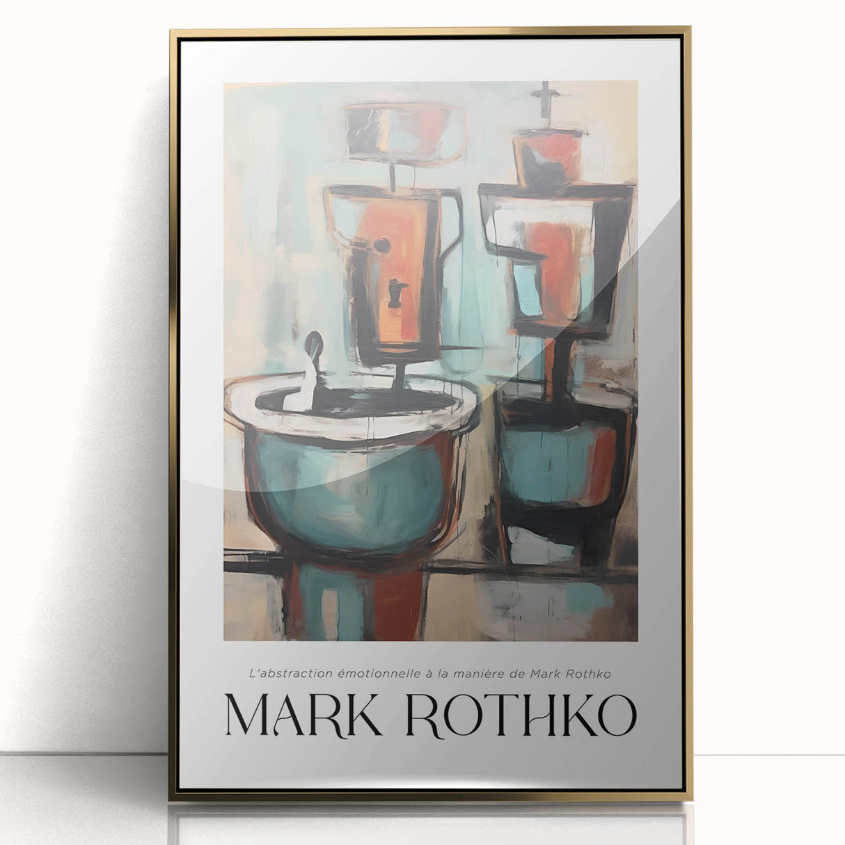 Large art print featuring a mid-century modernist Rothko-inspired design in vibrant red and orange tones on a framed acrylic.