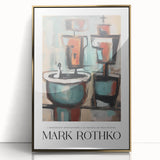 Large art print featuring a mid-century modernist Rothko-inspired design in vibrant red and orange tones on a framed acrylic.