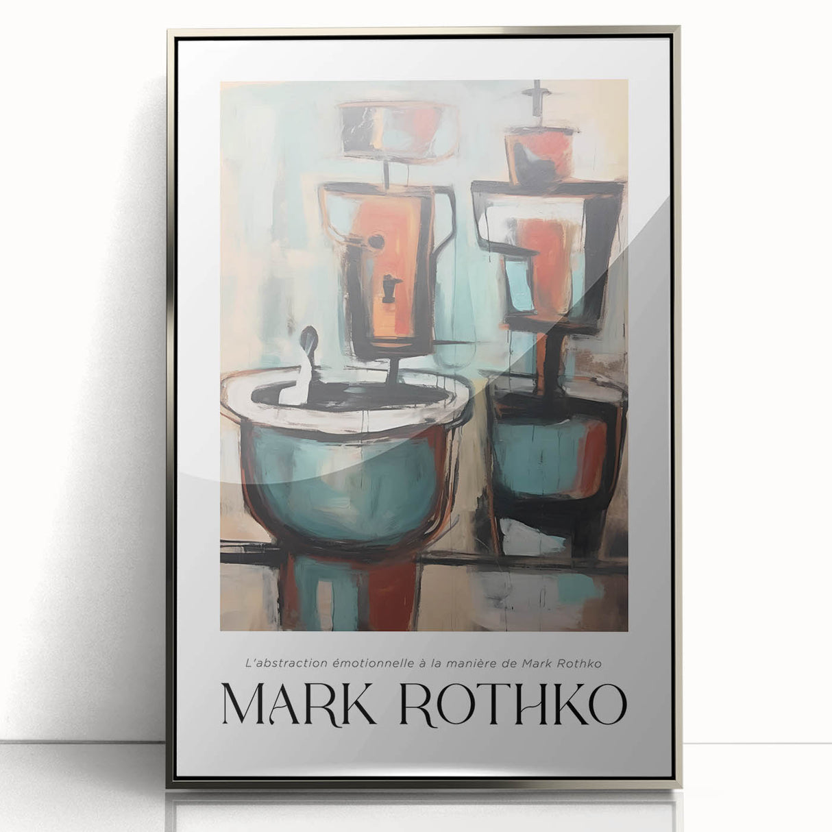 Mid-century modernist art by Mark Rothko, framed acrylic in silver, featuring bold red and soft orange tones.