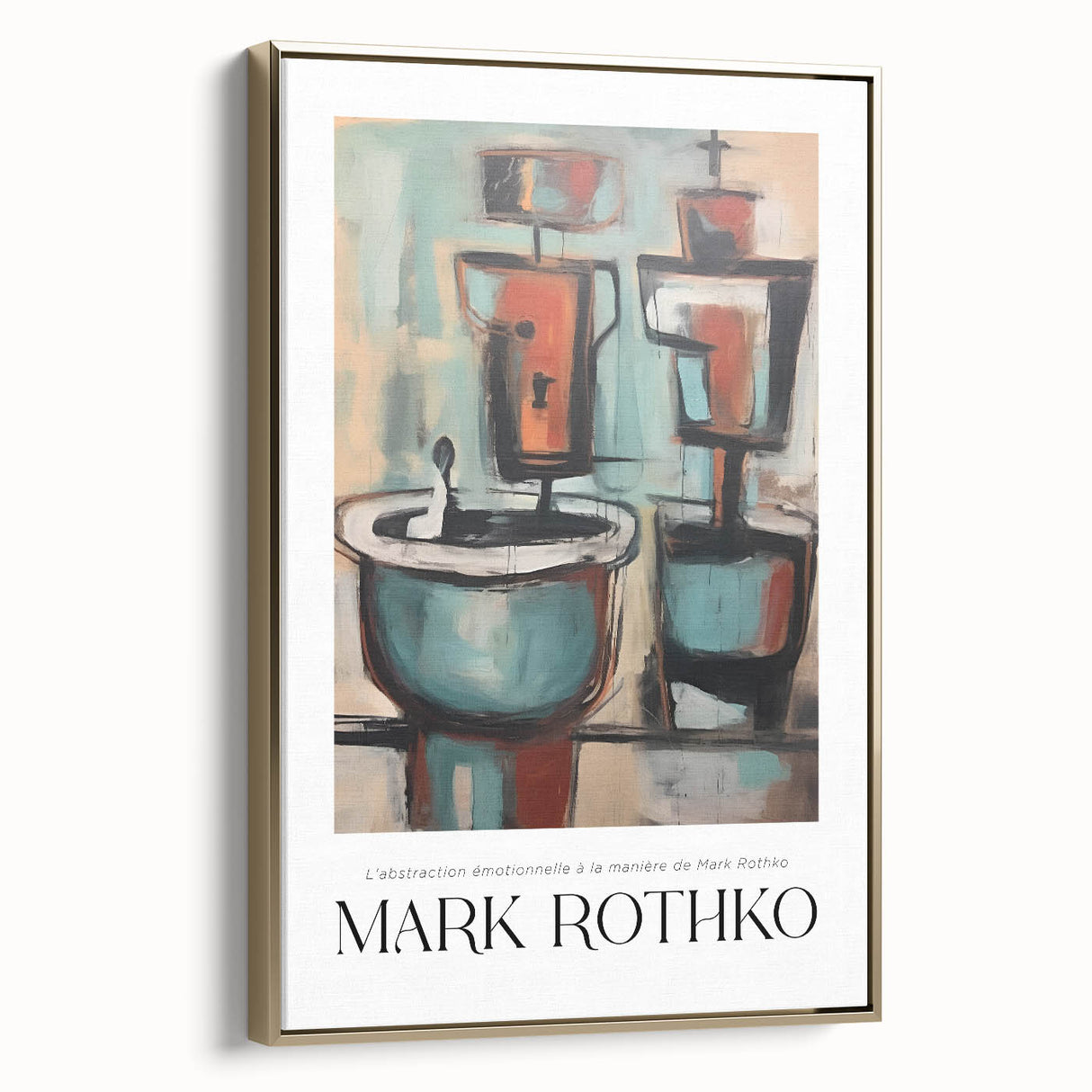 Modern framed canvas featuring a Rothko-inspired abstract landscape in black and gold tones, ideal for bedroom wall decor.