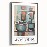 Modern framed canvas featuring a Rothko-inspired abstract landscape in black and gold tones, ideal for bedroom wall decor.